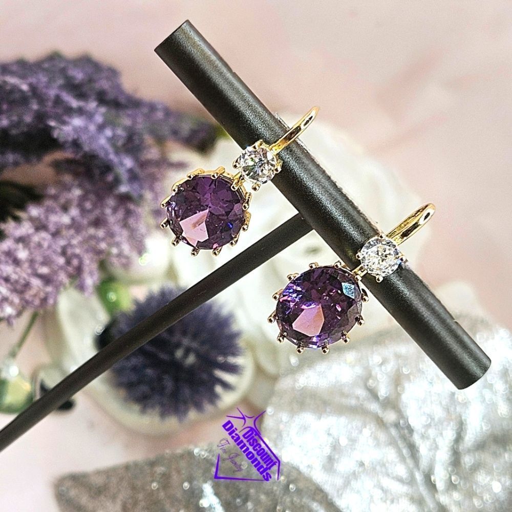 Oval Amethyst (Purple) Earrings 14K Bright Yellow Gold on 925 Silver - Picture 3 of 10